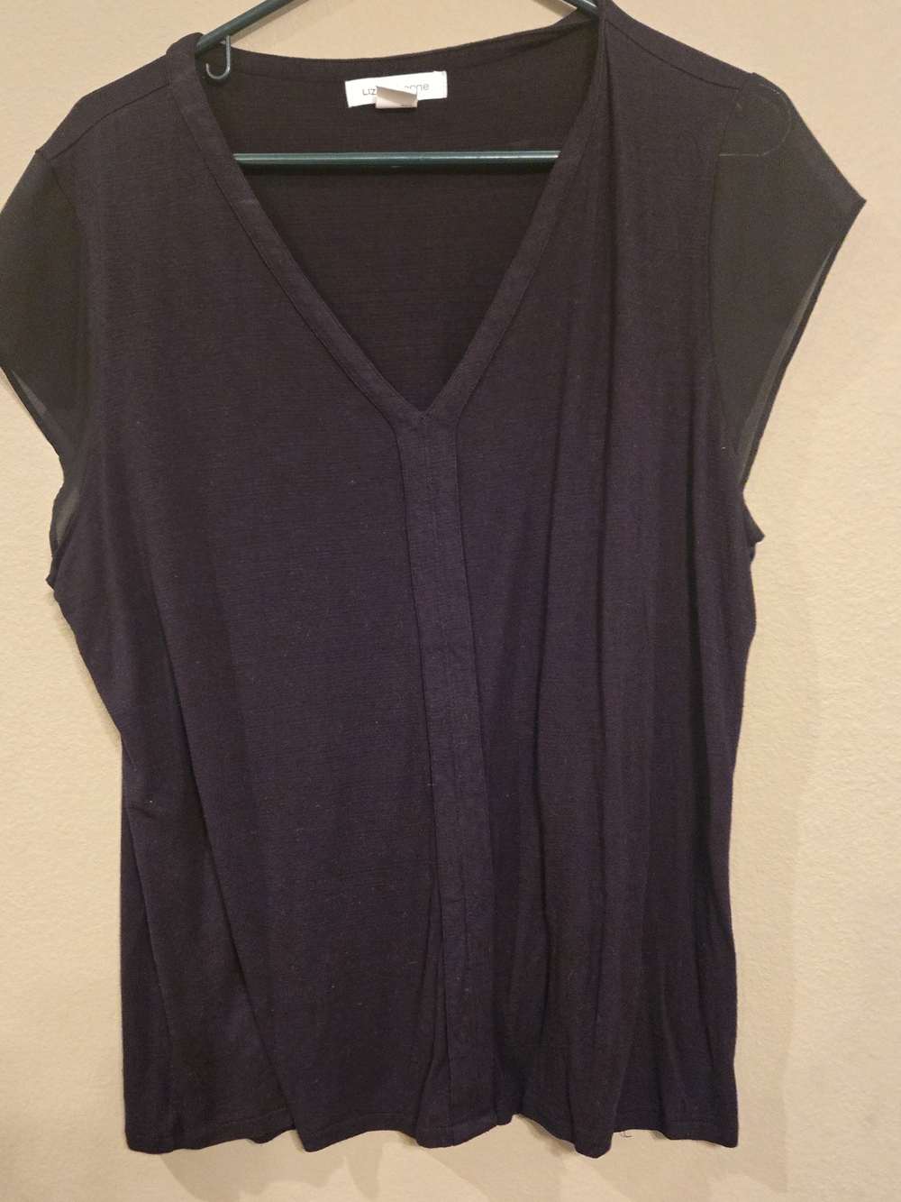 Liz Claiborne Women's Black V-Neck Top W/sheer Cap Sleeves XL